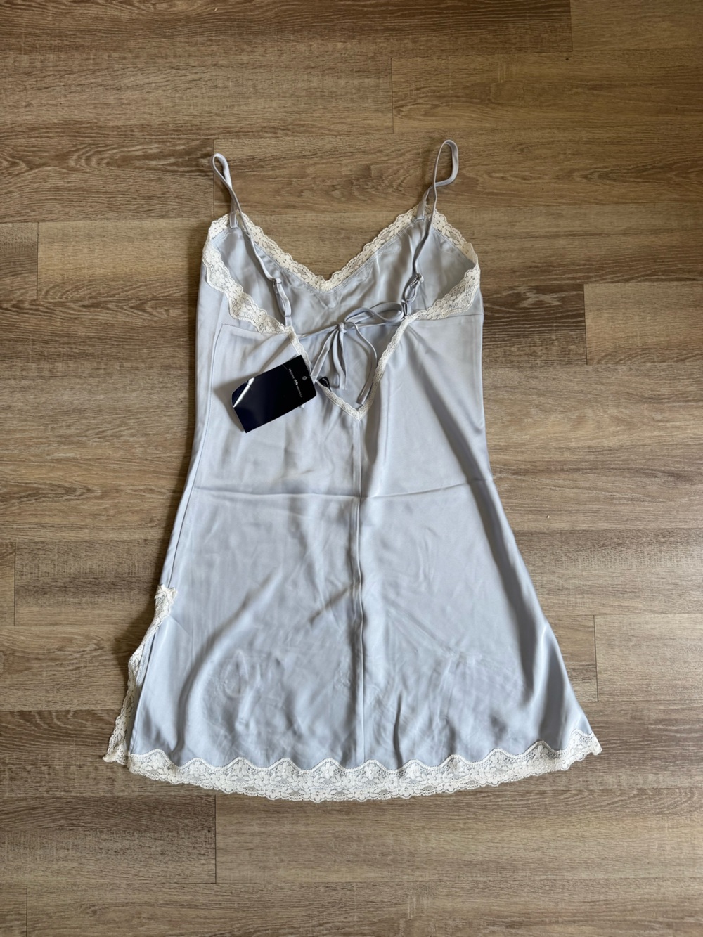 Blue and white side slit Lace Trim Satin Slip Dress - Cream
